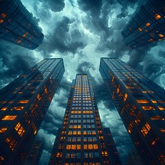 Dramatic Skyscape of Towering Skyscrapers Against Ominous Storm Clouds at Dusk