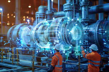 Factory workers examine digital twin model for machinery optimization in manufacturing plant.