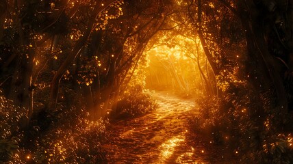  A winding forest path disappearing into a tunnel of trees, with shafts of golden light piercing...