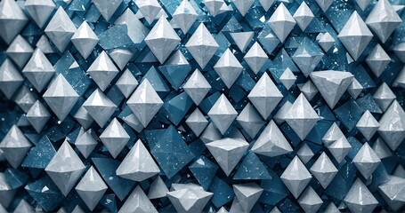 Modern abstract blue background design with layers of textured white transparent material in triangle diamond and squares shapes in random geometric pattern