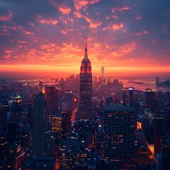 Obraz premium Vibrant Cityscape Silhouetted Against Breathtaking Sunset Sky with Towering Skyscrapers and High