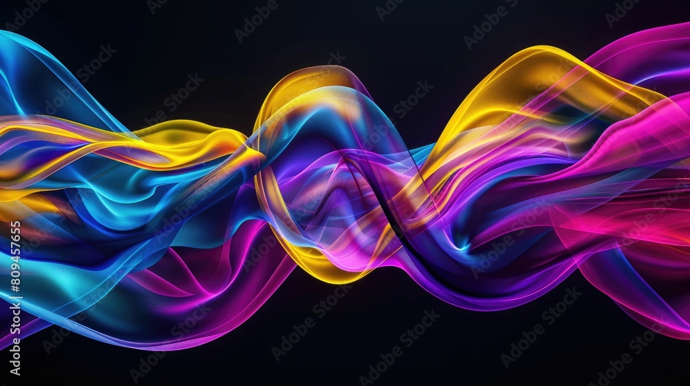 Wall mural colorful abstract digital silk waves on black