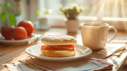 English muffin sandwich, freshly prepared and served on a welcoming breakfast table in the soft morning