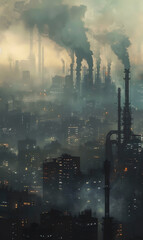 Obraz premium A factory emitting CO2 into the atmosphere, exacerbating the effects of global warming.Cityscape transformed by the impacts of climate change.A factory themes of global warming, pollution, sustainabe.