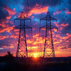 Dramatic Silhouettes of Power Lines Against a Vivid Sunset Sky Conveying the Powerful Energy of