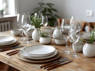 Minimalist Tableware Arrangement on Wooden Table in Airy Natural Lighting - Powered by Adobe