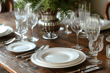 Understated and Elegant Table Setting with Refined Porcelain Cutlery and Crystal Glassware on