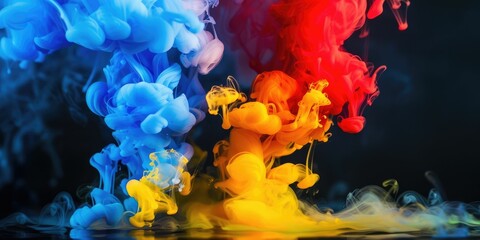 Vibrant dance of blue red and yellow ink clouds