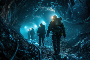 Photo of three male and one female exploring a deep underground cavern in dark blue space suits,...