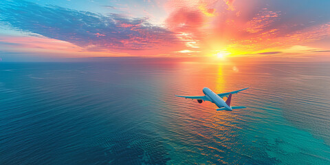 A white airplane flying over the ocean with a beautiful sunset in the background
