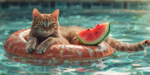 Cat Relaxing in a Yellow Inflatable Ring by the Pool
