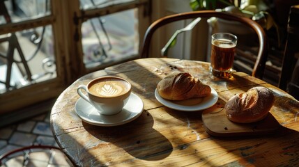 Morning scene with coffee and bread on a wooden table