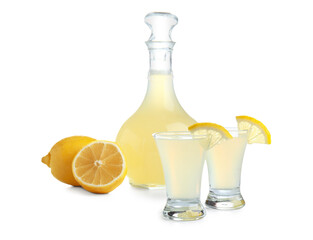 Shots and bottle of tasty Limoncello on white background