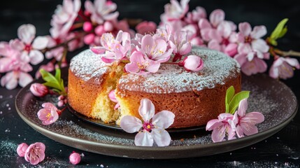   A cake topped on a powdered-sugared plate, adorned with pink flowers beside it