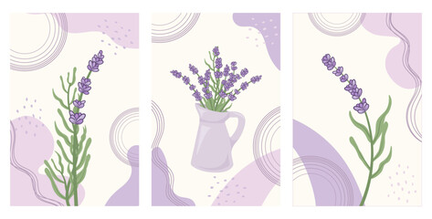 Set of trendy botanical wall art with lavender bouquet in a jug and lavender sprigs. Template concept for postcards, banner, social media design, invitations, covers, wall art. 