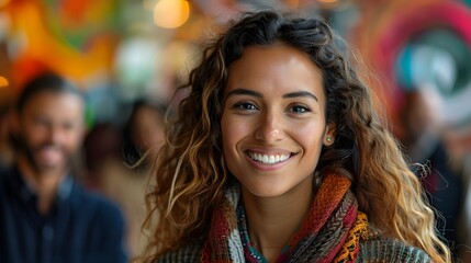 Obraz premium Captivating Headshot of a Smiling Young Woman with Curly Hair Against a Vibrant Colorful Background
