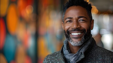 Confident and Joyful African Descent Man Smiling on Colorful Textured Wall Background