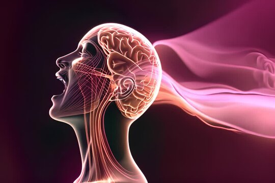 X-ray revealing the sleeping human brain anatomy within spiritual energy waves in darkness, with luminous smoke emanating from the brain