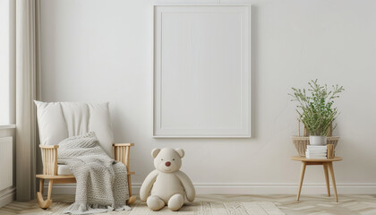 A white nursery with a crib, a teddy bear, and a basket by AI generated image
