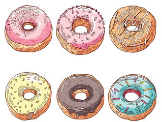 Fototapeta premium Handdrawn set donuts various toppings colors. Delicious pastry treats cartoon style dessert menu bakery items. Sweet frosted doughnut vector illustrations colorful bakery products isolated white