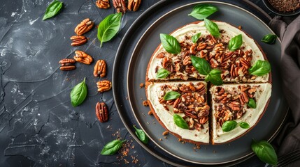   A pizza on a plate, topped with pecans and green leaves, sits next to a bowl filled with additional pecans on the table - obrazy, fototapety, plakaty