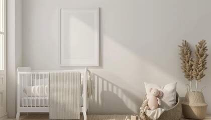 A white nursery with a crib, a teddy bear, and a basket by AI generated image