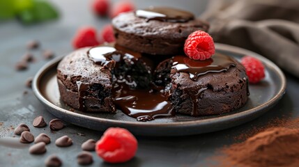   A chocolate cake topped with raspberries sits on a plate Nearby, both chocolate chips and fresh...