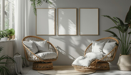 A room with three white picture frames on the wall and two white wicker chairs by AI generated image