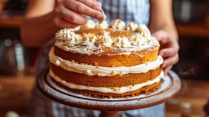   A person tightly grips a wooden platter bearing a cake smeared with frosting, while others are faintly visible in the background