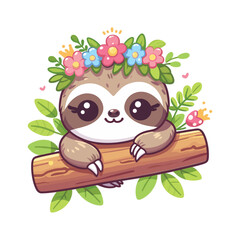 Naklejka premium cute sloth cartoon on tree branch with flower crown cartoon vector icon illustration