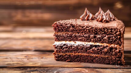   A chocolate cake sits atop a wooden table, accompanied by another slice with chocolate frosting