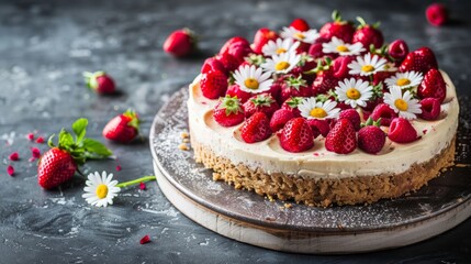   A cheesecake topped with strawberries and daisies on a platter, surrounded by additional daisy garnishes - Powered by Adobe
