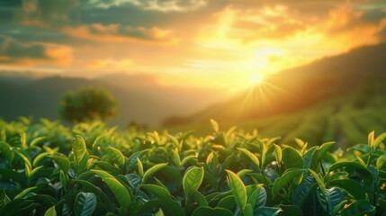 Green tea plantation at sunrise time,nature background