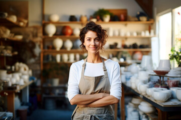 Portrait of a female potter in an apron in a ceramics store. Concert of small businesses and startups.