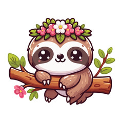 Fototapeta premium cute sloth cartoon on tree branch with flower crown cartoon vector icon illustration