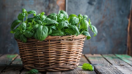 Organic basil plant displayed in a basket on a wooden table