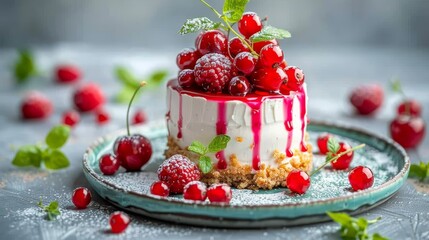   A cake topped with cherries sits atop a plate Surrounding it are leaves and scatterings of berries arranged on a table