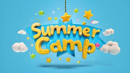 Hello summer. summer camp illustration with stars and cloud hanging on a blue background 