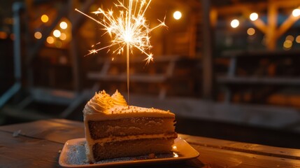   A cake sitters on a plate, its peak adorned with a sparkler - Powered by Adobe