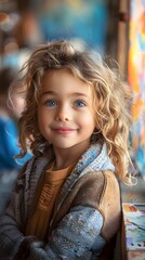 Fototapeta premium Delighted Young Proudly Showcasing Her Creative Masterpiece in Vibrant Educational Setting