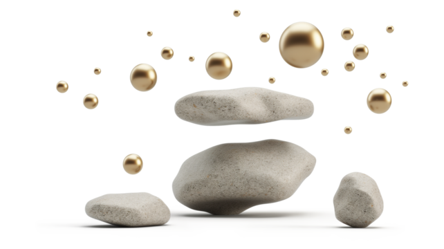 Conceptual illustration with levitating stone and gold balls isolated on a transparent background