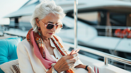 Working mature aged woman using mobile cellphone device checking updates on the internet. 50-60s...