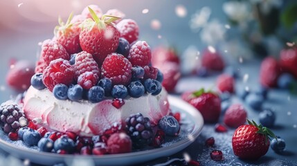   A tight shot of a cake on a plate, adorned with berries and blueberries Background softly blurred