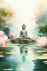 A serene watercolor-style depiction of a Buddha sculpture in meditation by a reflective lotus pond, illustrated in soft pastel hues, perfect for Buddha Day.