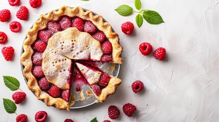   A pie with a missing slice, garnished with raspberries and mint leaves on a pristine white surface