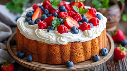   A cake with white frosting, adorned with berries atop, rests on a weathered wooden platter Nearby, a woven basket holds an assortment