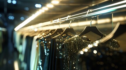 A row of elegant dresses hanging on sleek chrome hangers, illuminated by soft spotlights in a...