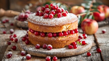   A cake, dusted with powdered sugar and adorned with cranberries, sits atop a weathered wooden table Apples and autumn leaves populate the background
