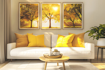 Modern living room with a white sofa and yellow pillows ai generative