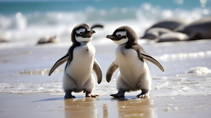 Adorable baby penguins are hanging out at the beach, AI generated